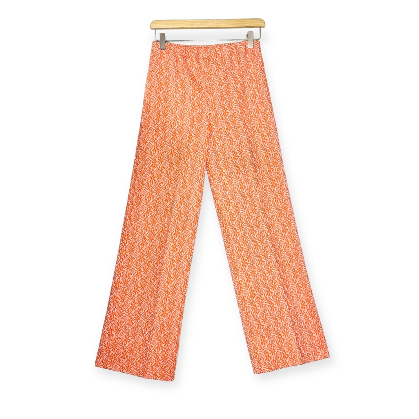 Vintage 70s Orange Jacquard Polyester Wide Leg Pant Suit Set - Size: S/M