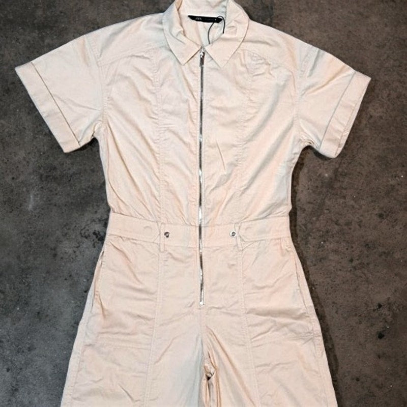 ZARA Women's Tan Cotton Wide Leg Skater Cargo Pocket Jumpsuit - Size: XS