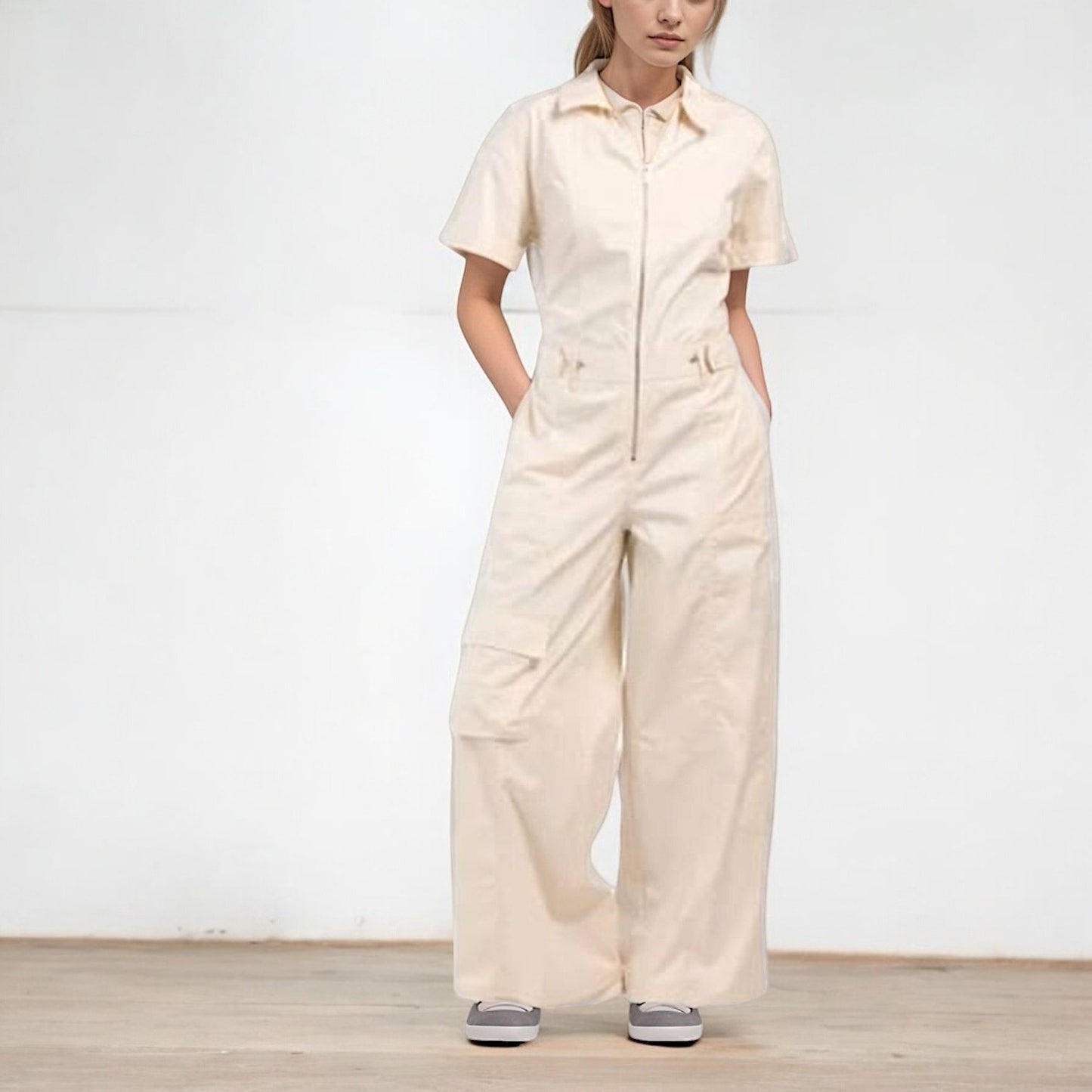 ZARA Women's Tan Cotton Wide Leg Skater Cargo Pocket Jumpsuit - Size: XS
