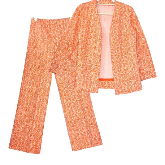 Vintage 70s Orange Jacquard Polyester Wide Leg Pant Suit Set - Size: S/M