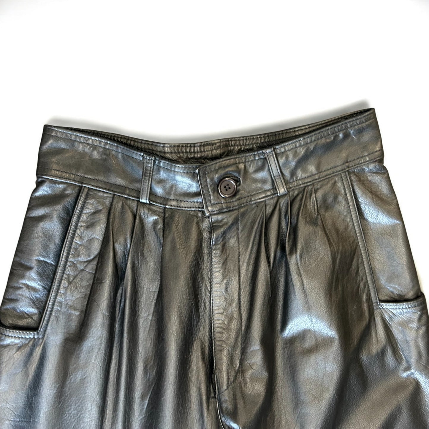 Vintage 80s Black Leather Pants High Waisted Pleated Jogger Cuff - Size S