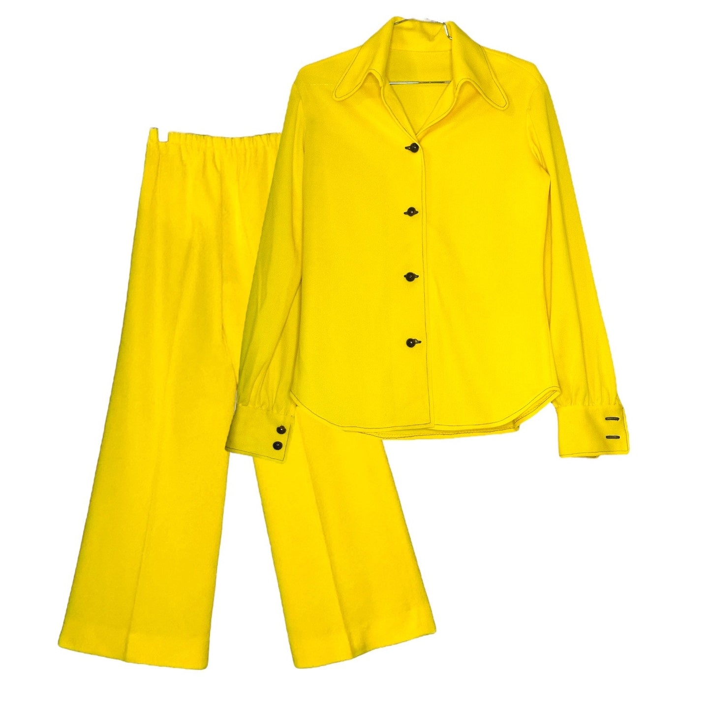 Vintage 70s Electric Yellow 2 piece Polyester Leisure Pant Suit Set - Size: S/M