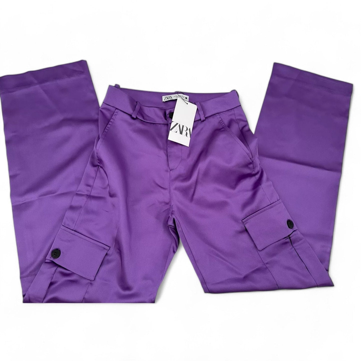 NWT Zara Women's Cargo Pants Silky Satin Purple Pocket Straight Leg - Size: S