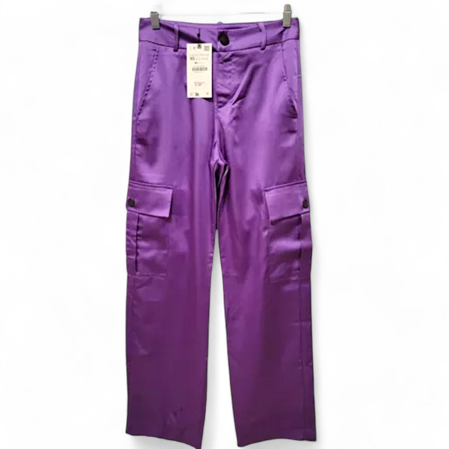 NWT Zara Women's Cargo Pants Silky Satin Purple Pocket Straight Leg - Size: S