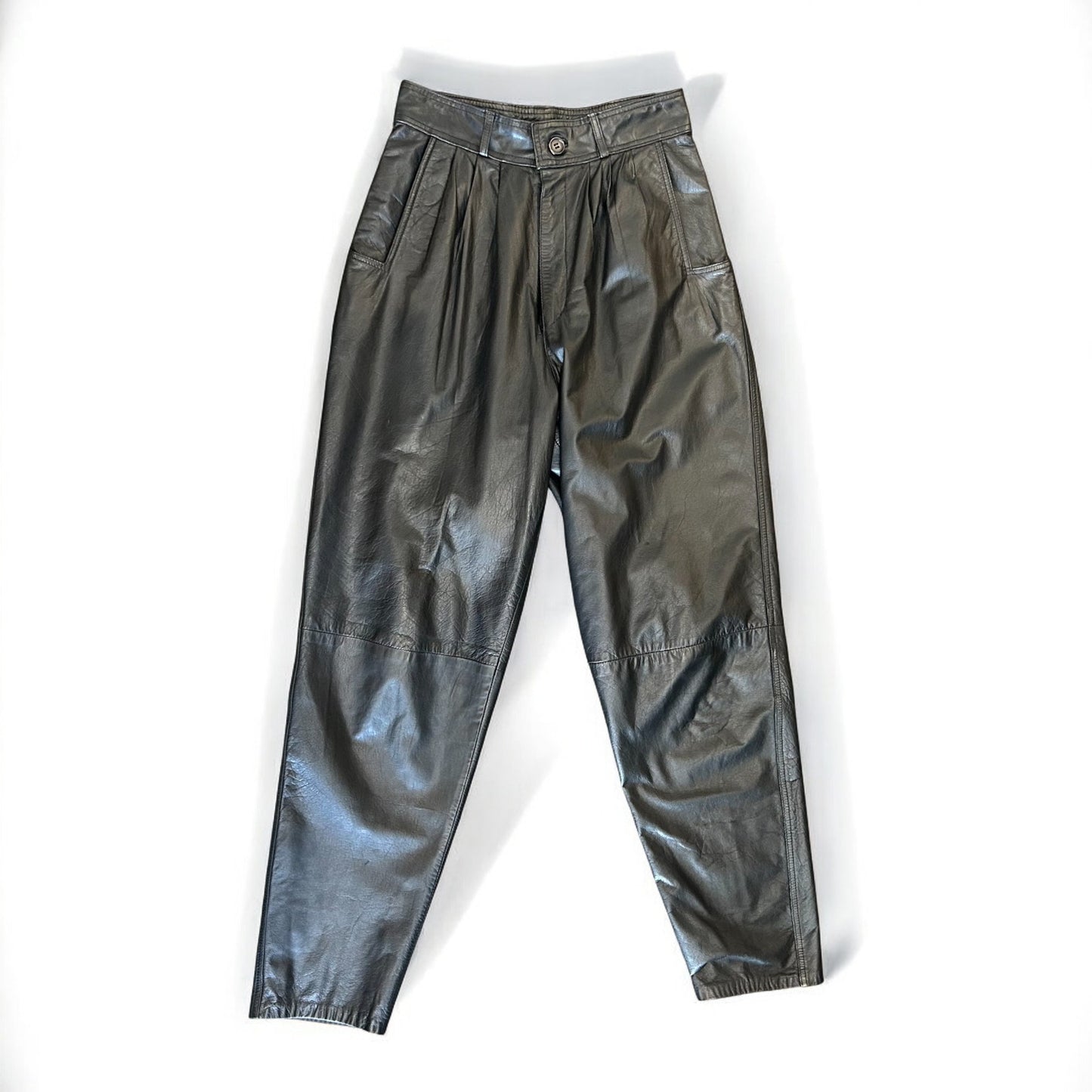 Vintage 80s Black Leather Pants High Waisted Pleated Jogger Cuff - Size S