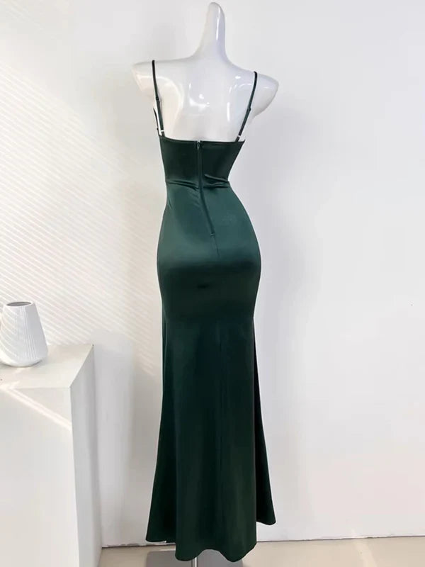 Elegant Mermaid Spaghetti Straps Sleeveless Satin Long Prom Dress Simple Party Evening Gown With Slit