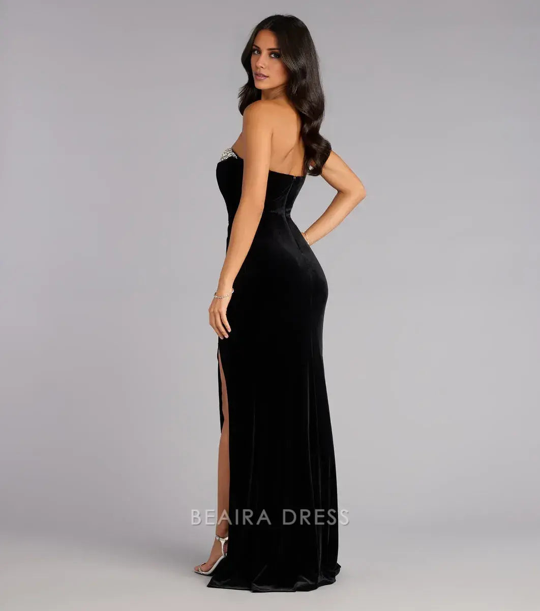Gorgeous for women Strapless Beaded Velvet High Slit Mermaid Maxi Dress Prom Dress