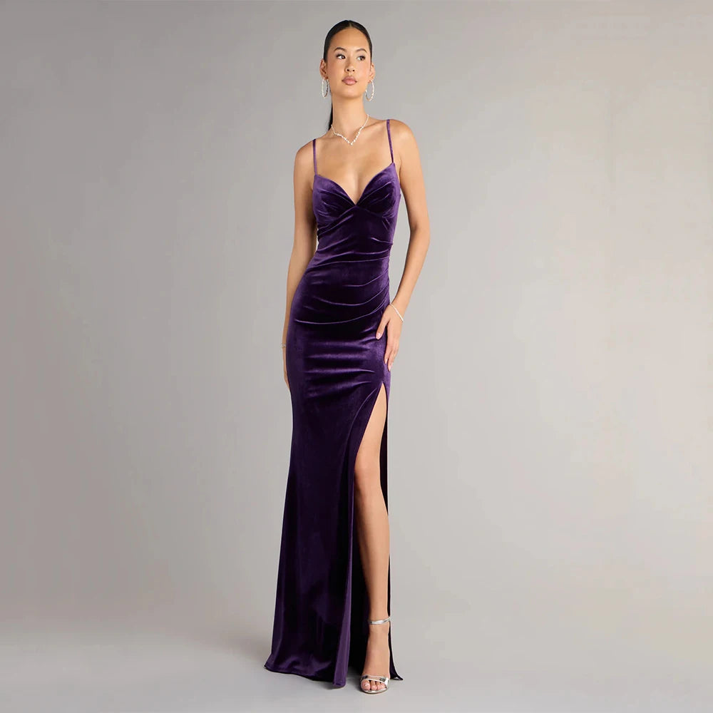 Gorgeous for women Strapless Beaded Velvet High Slit Mermaid Maxi Dress Prom Dress