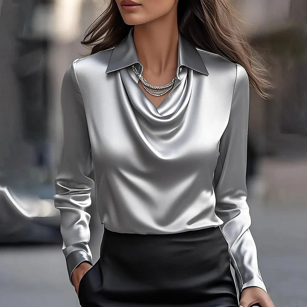 Full Size Satin Cowl Neck Long Sleeve Blouse Plus Size