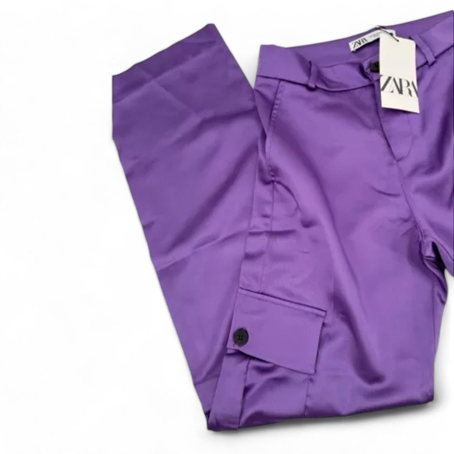 NWT Zara Women's Cargo Pants Silky Satin Purple Pocket Straight Leg - Size: S