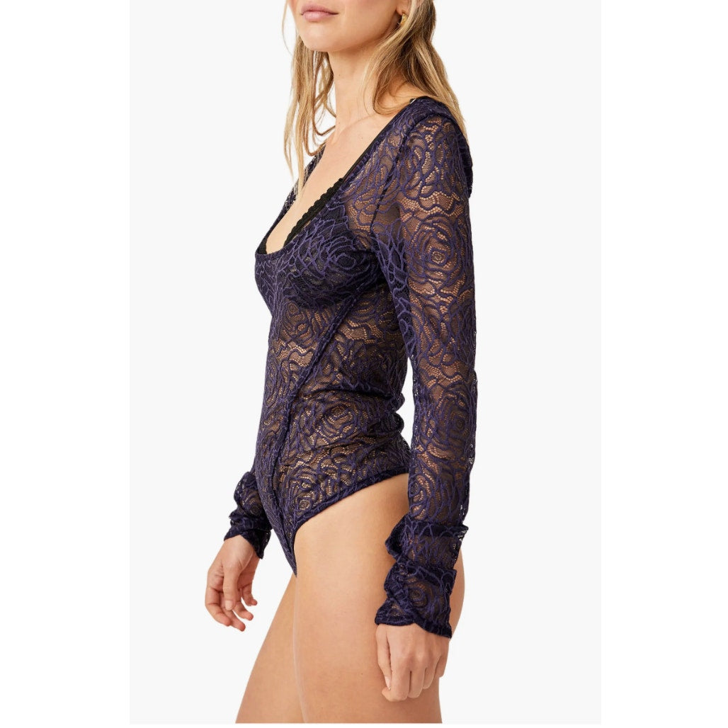 Free People "In My Head" Floral Lace Deep Navy Bodysuit - Size: S